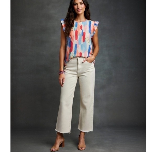 THML Tops - THML‎ Abstract Brushstroke Ruffle Collar Top Women's Medium Multi Color